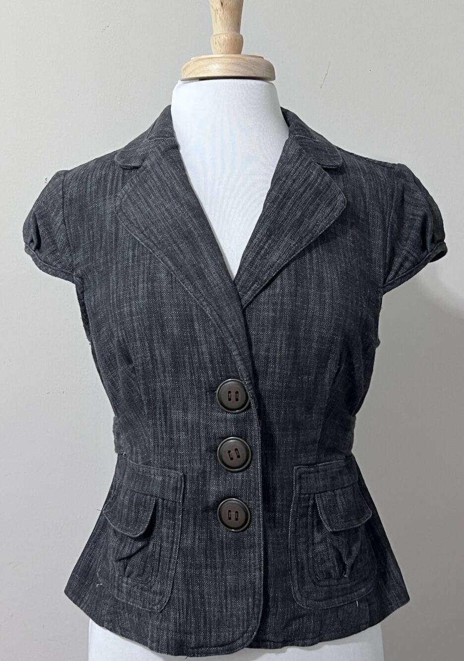 D.F.A New York Y2K Denim Blazer Top Womens M Stretch Cap Sleeve Dark Academia
